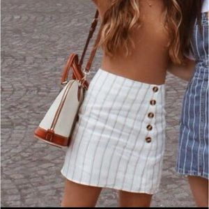 Linen Mini Skirt, Brown, White, Size Small